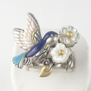 lot 16A image: Barbara Bixby Multi-Gemstone Floral Humming Bird Sterling And 18K Yellow Gold Statement Ring Replacement Value $300 Matches Lot #16. Size 10 - 10.25.