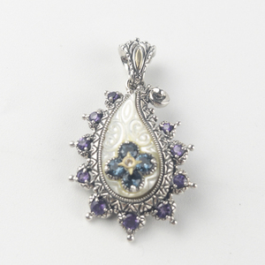 lot 36 image: Barbara Bixby Amethyst, Blue Topaz, mother of pearl, paisley sterling and 18K yellow gold Enhancer. Replacement value $350