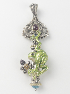 lot 37 image: Barbara Bixby Multi-gemstone frog key sterling and 18K yellow gold Enhancer. Replacement value $500