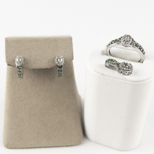 lot 62 image: STS Jewels Matching Diopside Sterling Silver Ring, Post-Back Earrings, & Pendant Set. Size 9 - 9.25.