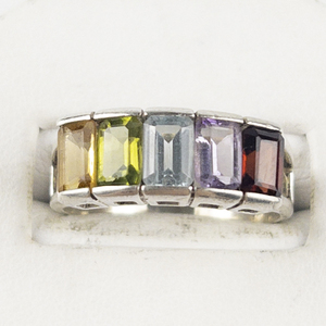 lot 75 image: Emerald Cut Multi-Gemstone Rainbow Sterling Silver Ring. Size 8.5 - 8.75.