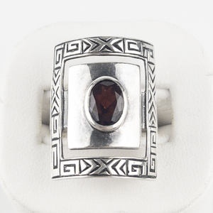 lot 96 image: FD Worldwide  Carved Rectangular Oval Cut Garnet Sterling Silver Statement Ring . Size 6 - 6.25.