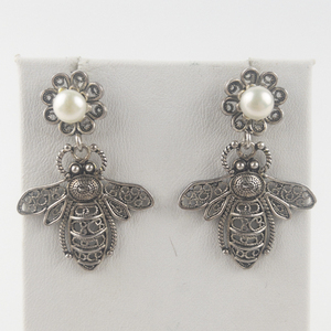 lot 113 image: Dynasty Gold Jewelers  Filigree Bumble Bee & Flower Pearl Sterling Silver Dangle Earrings .