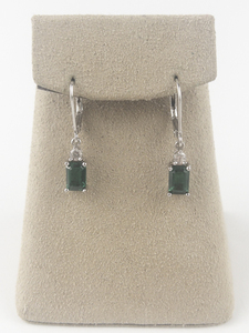 lot 114 image: Bangkok Ratnaraj Jewelers Emerald Cut Emerald & CZ Sterling Silver Lever Back Pierced Dangle Earrings .