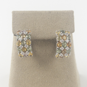 lot 118 image: Jain Guarav Multi Color Gemstone Sterling Silver Hinged Wire Hoop Earrings.