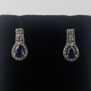 lot 123 image: STS Jewels Blue Sapphire & CZ Sterling Silver Stud Earrings .
