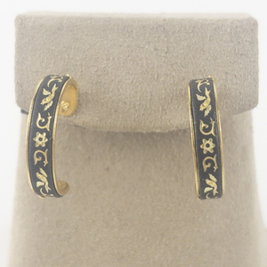 lot 128 image: Victorian Scroll Inlay Gold Tone Base Metal Half-Hoop Pierced Earrings.