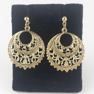 lot 146 image: Fancy Round Filigree Gold Tone Base Metal Dangle Earrings .