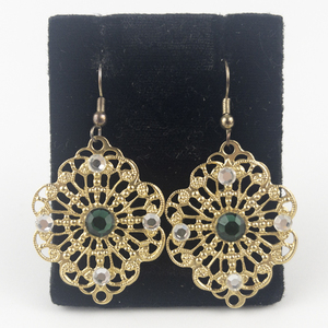 lot 152 image: Beautiful Green & White Rhinestone Filigree Gold Tone Base Metal French Wire Earrings .
