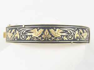 lot 175 image: Damascene Gold Tone Base Metal Hinged Bangle.