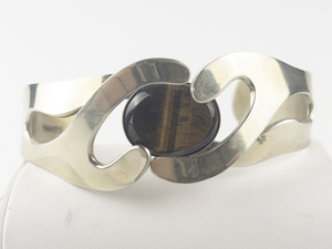 lot 189 image: Mexico (Unknown) Tigers Eye Cabochon Inlay Alpaca Silver Cutout Cuff Bracelet .