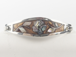 lot 191 image: Taxco, Mexico  Abalone Flower & Enamel Inlay Sterling Silver Hinged Bangle.