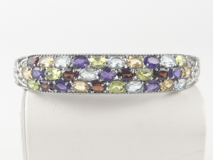 lot 196 image: Multi Gemstone Pave Stainless Steel Hinged Cuff Bracelet.