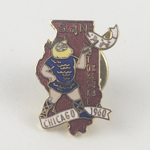 lot 230 image: Man With Speared Fish Yellow Brass Lapel Pin. Sons Of Norway (Chicago 1960)
