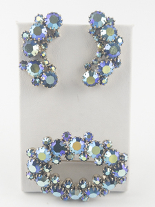 lot 243 image: Set of two  Blue Rhinestone Gold Plated Base Metal Brooch & Clip-On Earrings.