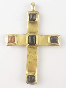 lot 300 image: Multi Gemstone Inlay gold tone base metal cross.