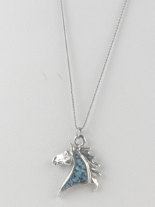 lot 367 image: Turquoise Bits Inlay In Horse Head Sterling Silver Pendant Necklace .