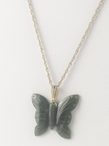 lot 374 image: Carved Nephrite Jade Carved Butterfly Gold Filled Pendant Necklace .