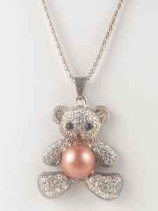 lot 377 image: Pink Simulated Pearl Rhinestone Accented Rose Tone Base Metal Teddy Bear Pendant Necklace .