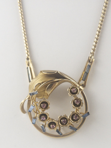 lot 387 image: Pink & Blue Floral Burst Gold Tone Base Metal Necklace.
