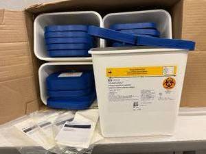 lot 12 image: MSRP $250  1 Case Open Box NEW Covidien 8820 SharpSafety Pharmaceutical Waste Containers and Tampon Absorbent Pads