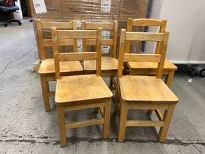 lot 21 image: Lot of 5 Vintage&nbspChildrens School&nbspWooden Chairs - 4 Made By J. B. Poitras & 1 Made By Crate & Barrel -&nbspVery Sturdy - Need Refinishing Or To Be Painted