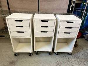 lot 46 image: Lot of 3 Mobile Rolling Home Office 3-Drawer Storage File Cabinet - In Good Condition (28 x 13) Wear To Tops Etc 