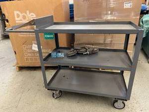 lot 56 image: MSRP $1200&nbsp3-Shelf&nbspOrder-Picking Utility&nbspRolling Storage Trolley&nbspCart with Lipped Metal Shelves 1,200 lb Load Capacity,&nbspOverall Length75 in