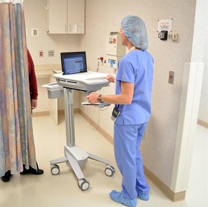 lot 34 image: MSRP $3000 Ergotron SV41-6300-0 StyleView Full-Featured EMR Computer Medical Cart Mobile Desk - No Electronics Included In Great Condition