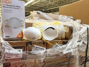lot 35 image: MSRP $1200  16 Cases (60 masks per case) NEW HDX Home Depot Private Label N95 Respirator Masks - Heavy Duty Foam - Prevents dusts from sanding, grinding, sawing and insulating particles With a 95% filter efficiency against solid particles