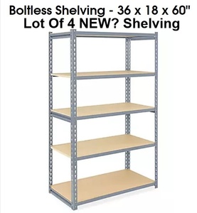 lot 18 image: 5 High Teardrop&nbspHeavy Duty Boltless Racking Comes With Wood Shelves - Wood Shelves Are 36x18 At Least 4 Shelving Units Could Be Created - Looks New Picture Is An Example What We Think It Would Look Like Assembled