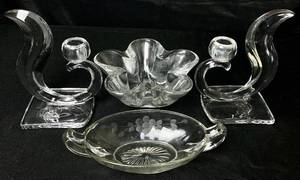 lot 52 image: Uranium Glass Candlestick Holders and Bowls
