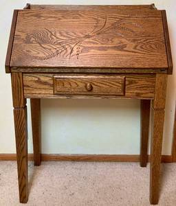 lot 55 image: Oak Secretary Desk with Carved Wheat Front