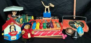 lot 63 image: Vintage Toy Collection featuring Suzy Goose Sweeper, Melody Xylophone, Duncan Tops, Wakouwa Dog, Doggy House Savings Bank and 1910 Mystery Action Tin Toy