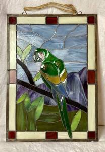 lot 110 image: Vintage Large Leaded Stained Glass of Parrot on Branch - 17 x 24