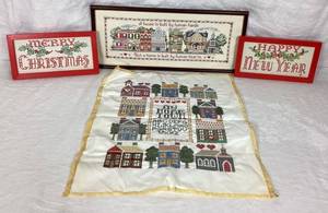 lot 39 image: Vintage Counted Cross Stitch Wall Hangings - Merry Christmas, Happy New Year, My Hometwon Sampler and a House is Built
