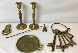 lot 73 image: Brass Collection - Skeleton Keys, Candlesticks, Snuffer, Brass Bowl and Door Knocker