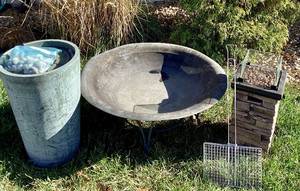 lot 175 image: Backyard Comforts Bundle - Alpine Corporation Outdoor Fountain DAC 100M, Bond Manu. Outdoor Propane Heater and Metal Firepit