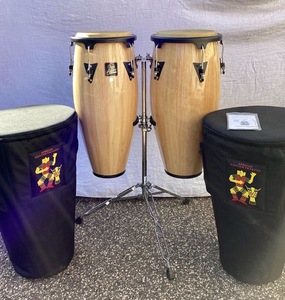 lot 185 image: Latin Percussion Aspire Wood Conga Set with Double Stand, Carry Cases, Natural Wood