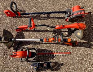 lot 176 image: Black & Decker Lawn Care Collection includes Hedgehog Hedge Trimmer, Grass Hog Grass Trimmer, Edge Hog Edger, Cordless 40V Weed Trimmer with 3 Batteries and 2 chargers