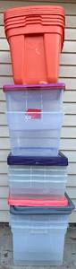 lot 198 image: 16 Plastic Storage Totes - Various Sizes- 20 Gal, 56Qt., 50Qt., 28Qt.