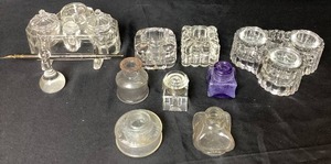 lot 32 image: Lot of 9 Antique Glass Inkwells - Uranium Glass