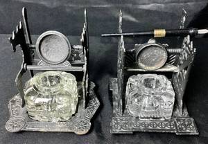 lot 30 image: Antique Pair of Inkwells - Metal & Glass- Uranium Glass