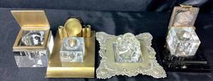 lot 31 image: Antique Collection of 4 Metal & Glass Inkwells - Uranium Glass