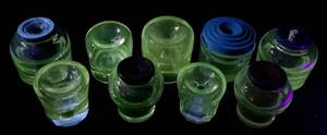 lot 34 image: Vintage Self Closing Glass Inkwells - set of 9- Uranium Glass