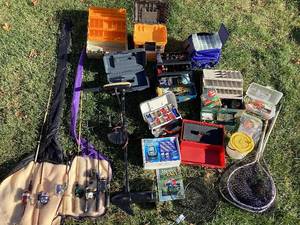 lot 202 image: Fishing Bundle - Tackle Boxes, Lures, Vintage Poles, Minnkota Turbo Pro, Nets, Live Well, Minnow Buckets and much more