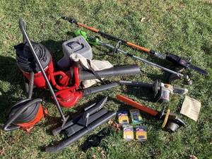 lot 179 image: Garage & Lawn Care Collection- Toro Blower, Toro BlowerVac, Greenworks Weed Whip, Remington Ranger Pole Saw, Shop Vac, Black & Decker Mini Shop Vac, Ryobi Chainsaw and Wen Electric Chainsaw