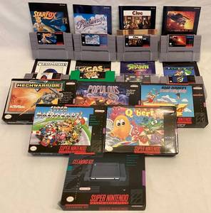 lot 222 image: Super Nintendo Video Game Bundle 13 games and 1 cleaning kit