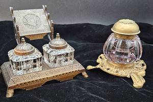 lot 6 image: Antique Inkwells- Metal and Glass -Uranium Glass