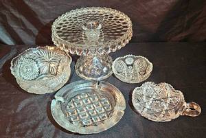 lot 69 image: Vintage Fostoria American Cake Stand, Early American Cut Crystal and Vintage MCM Thick Ashtray - all Uranium Glass